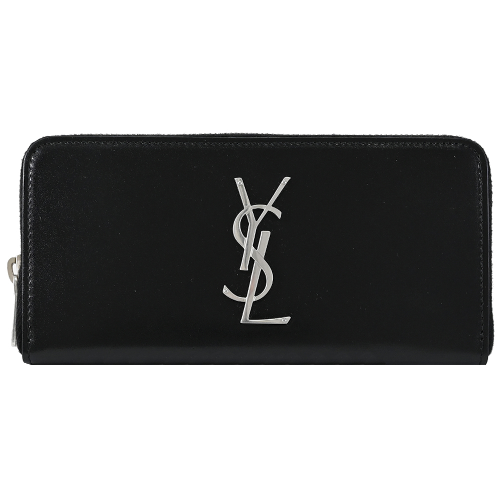 YSL 617415 MONOGRAM 質感小牛皮拉鍊式長夾.黑/銀