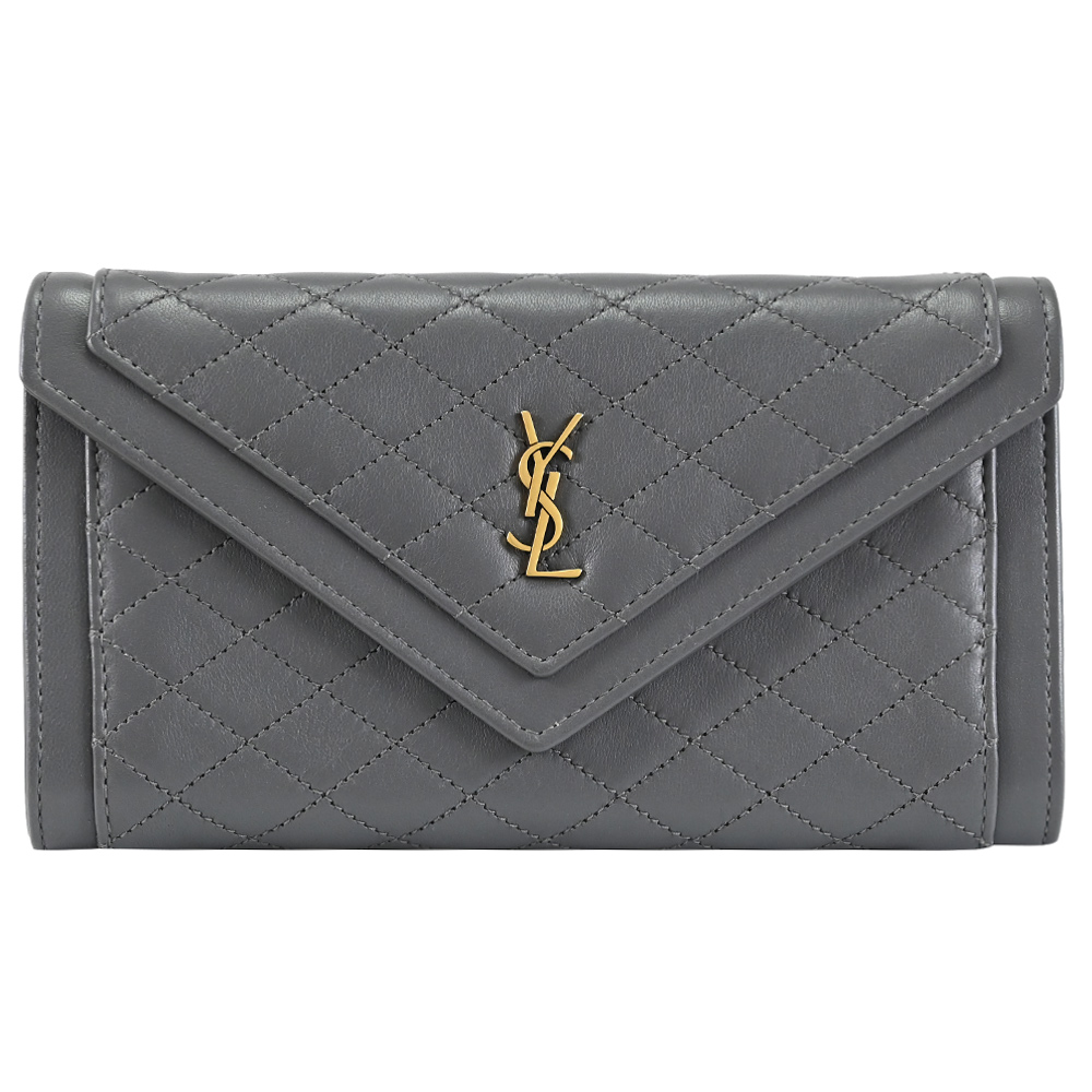 YSL 686694 經典LOGO菱格縫線羊皮信封扣式長夾.深灰