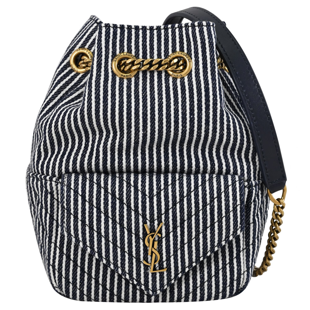 YSL 701631 MINI JOE 質感條紋帆布斜背水桶包.深藍/白