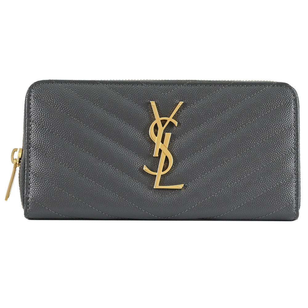 YSL 358094 MONOGRAM V字紋牛皮拉鍊式長夾.灰/金
