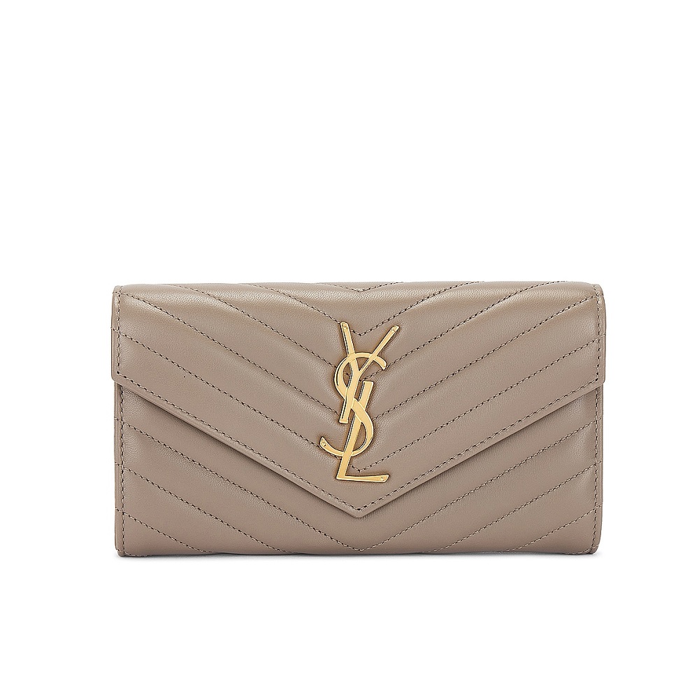 【YSL】MONOGRAM系列V字縫線超柔軟Nappa小羊皮金屬LOGO釦式長夾/手拿包