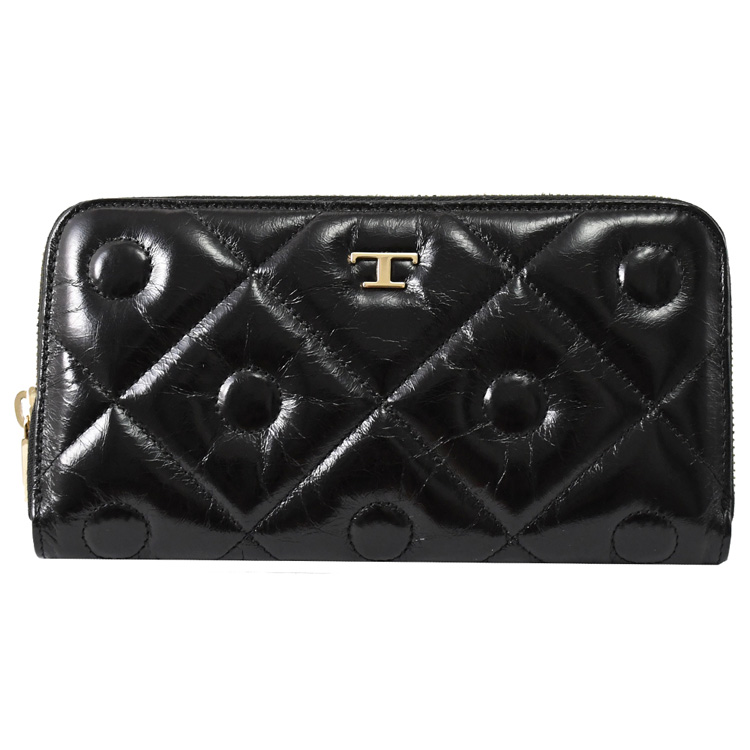TODS Signature 菱格車線小牛皮拉鍊長夾.黑