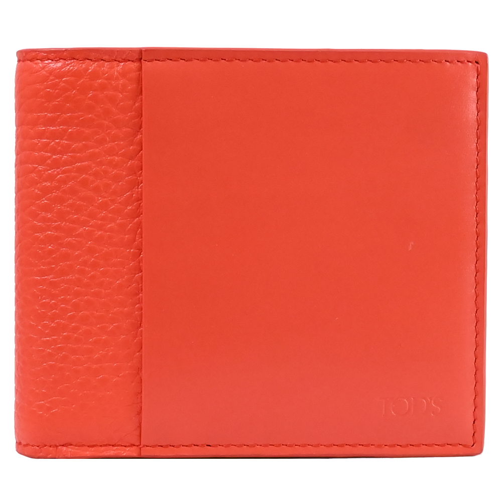 TODS 簡約烙印LOGO小牛皮10卡對開短夾.橘紅