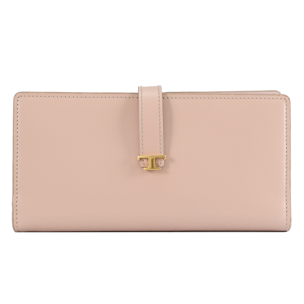 TODS T Timeless 金屬LOGO小牛皮對開釦式長夾.裸粉