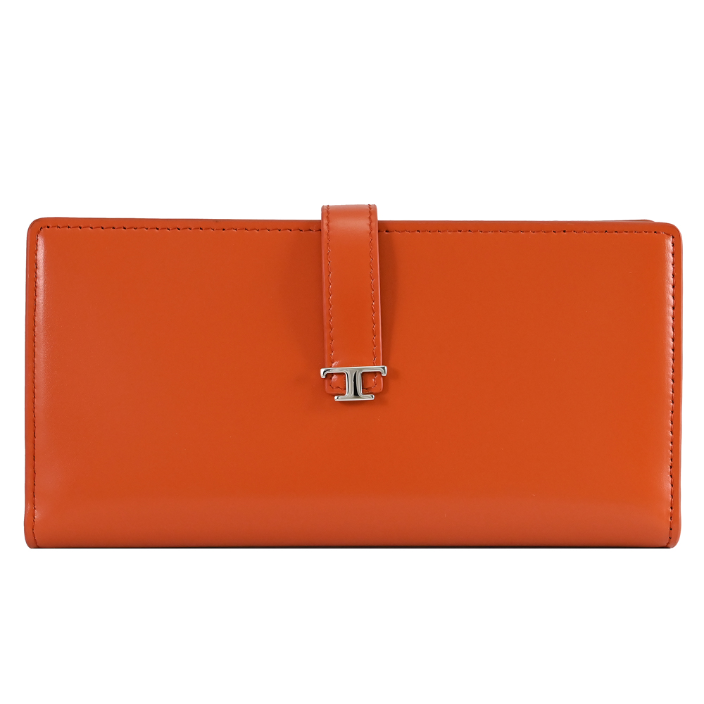 TODS T Timeless 金屬LOGO小牛皮對開釦式長夾.橘/黑