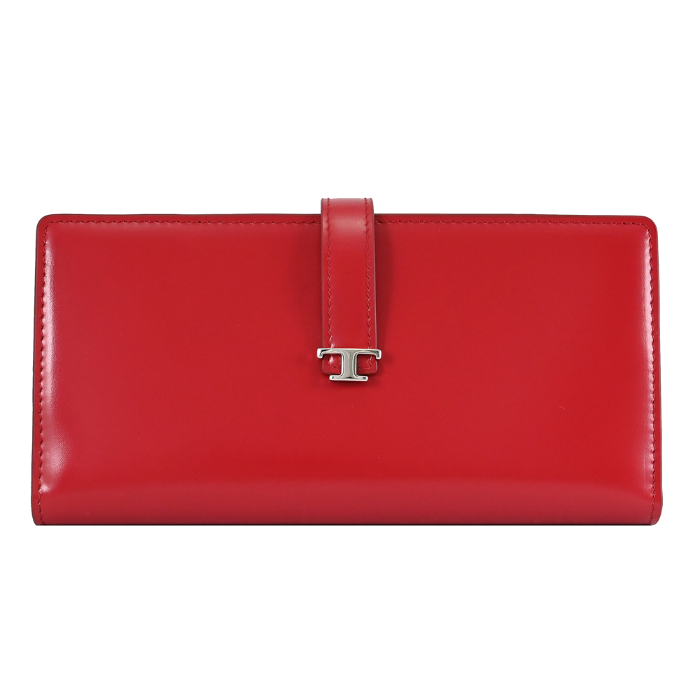 TODS T Timeless 金屬LOGO小牛皮對開釦式長夾.紅/黑