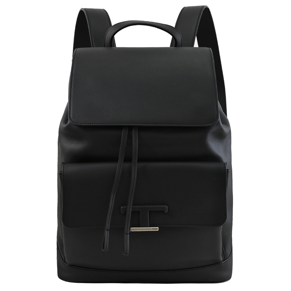 TODS T Timeless 質感小牛皮大容量翻蓋束口商旅後揹包.黑