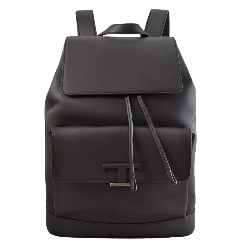 TODS T Timeless 質感小牛皮大容量翻蓋束口商旅後揹包.深咖