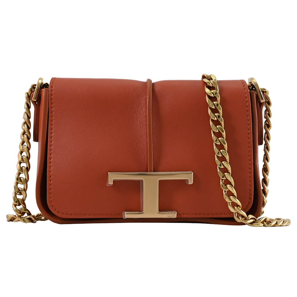 TODS T Timeless 金屬LOGO小牛皮迷你翻蓋肩/斜背鍊包.磚紅