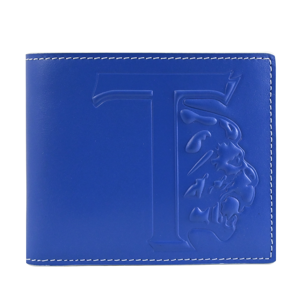 TODS 品牌LOGO烙印小牛皮對開八卡短夾.藍