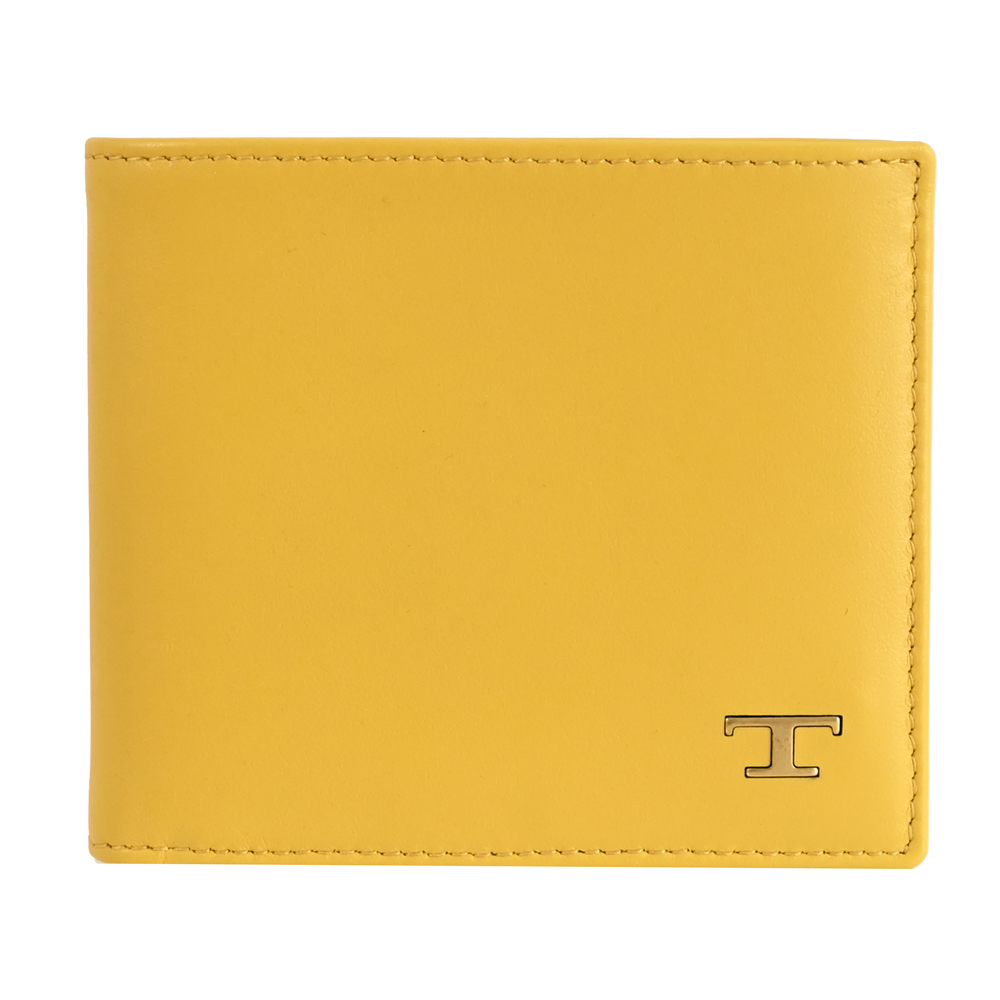 TODS 復古金屬T LOGO小牛皮對開八卡短夾.黃