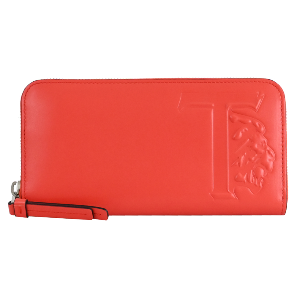 TODS 品牌烙印大LOGO滑面牛皮拉鍊長夾.亮紅