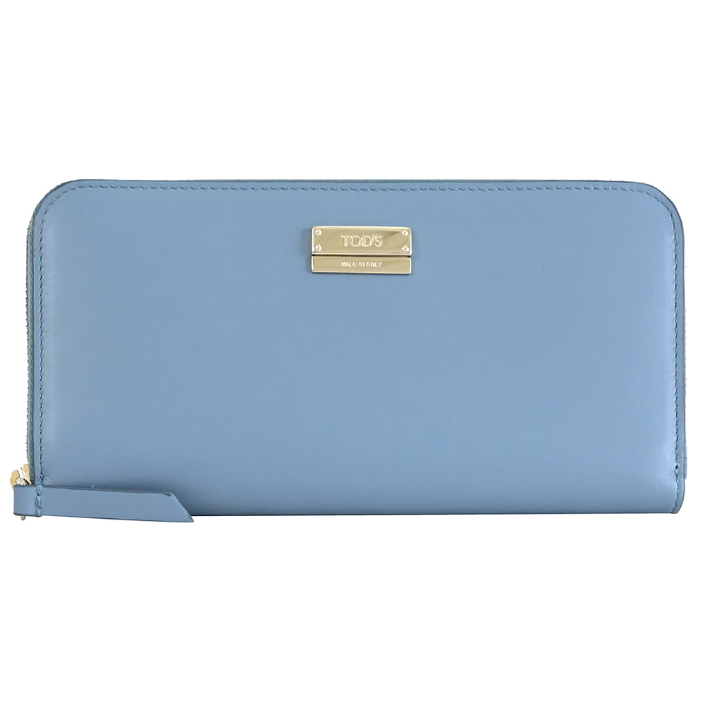 TODS 金屬LOGO滑面牛皮拉鍊長夾.淺藍