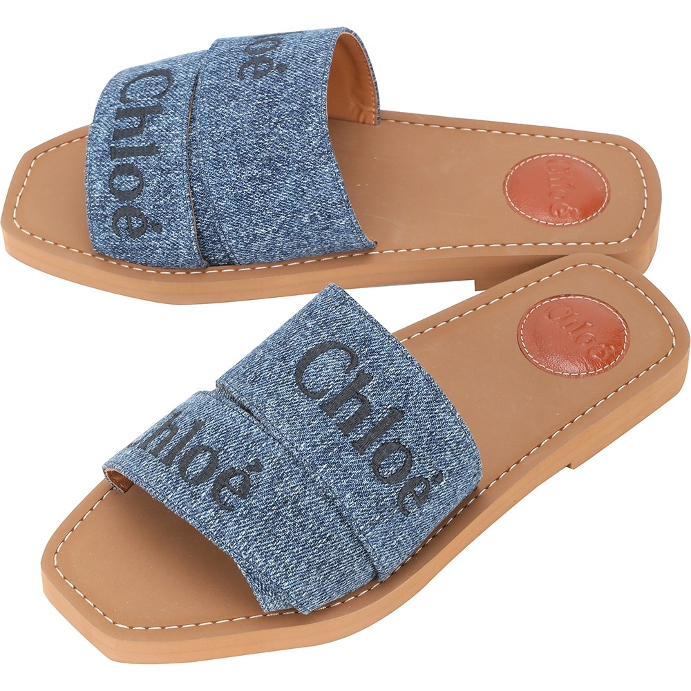 CHLOE Woody 牛仔布字母織帶涼/拖鞋(深藍色)