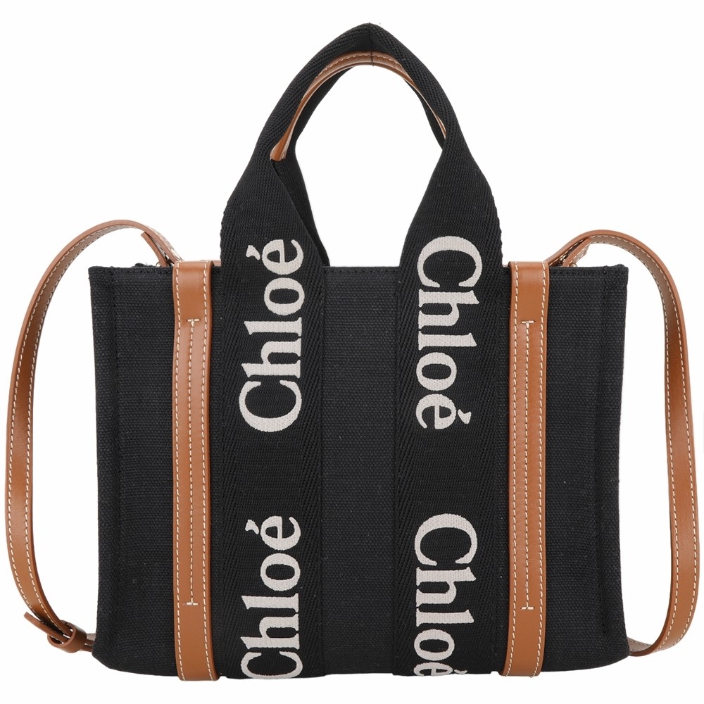 CHLOE Woody 小型 字母刺繡織帶亞麻帆布手提/斜背托特包(黑色/皮革棕色)