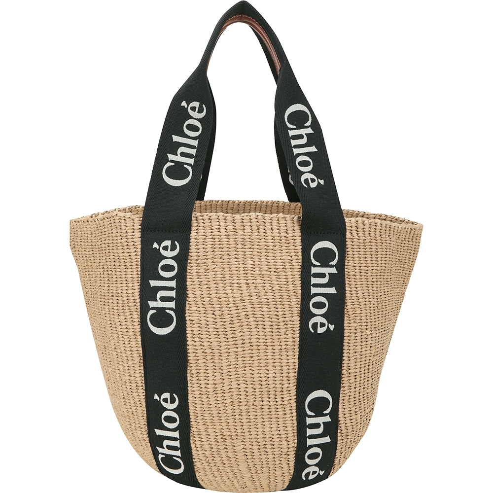 CHLOE 蔻依 Woody 大型 字母刺繡織帶編織肩背草編包(黑色)