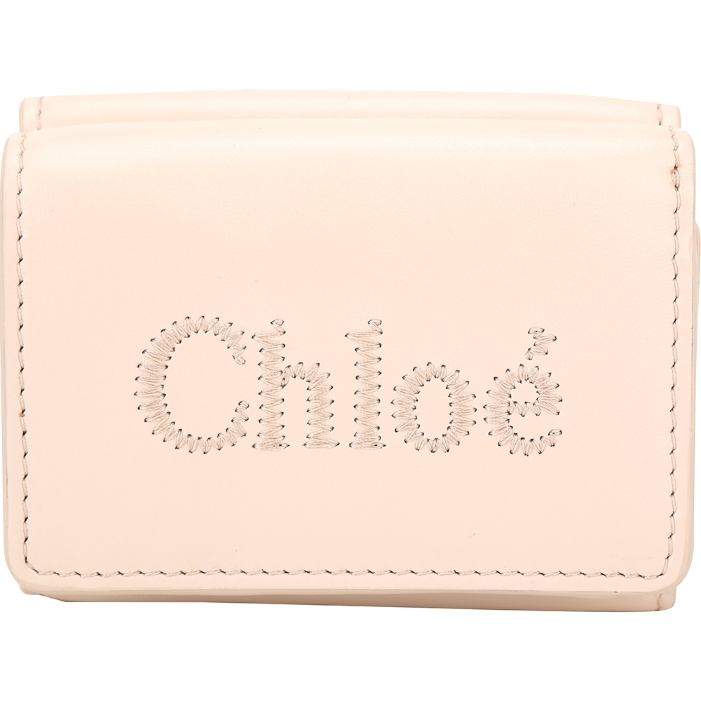 CHLOE 蔻依 Sense 字母刺繡徽標小牛皮三折迷你短夾(裸粉)