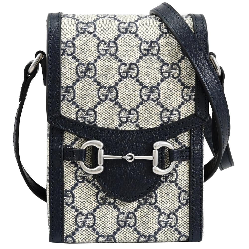 GUCCI 625615 Horsebit 1955經典印花斜背手機包.深藍