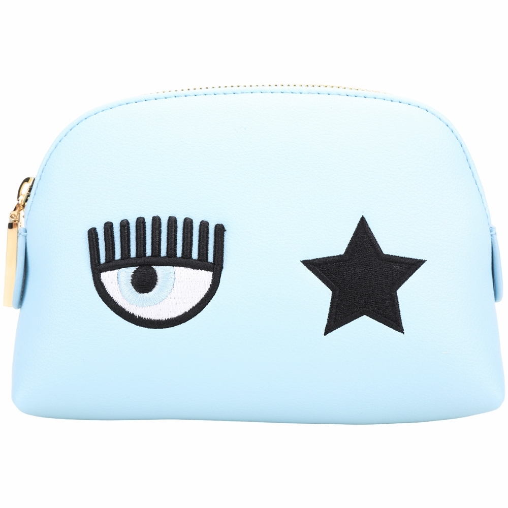 Chiara Ferragni Eye Star 眨眼星星刺繡荔紋皮手拿包(水藍色)