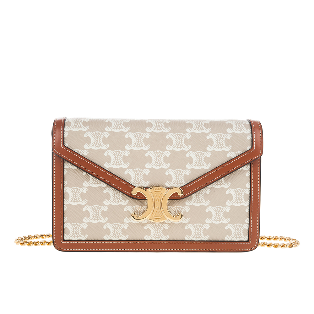 CELINE 新款TRIOMPHE帆布印花牛皮革邊飾凱旋門LOGO金釦鍊帶斜揹包 (米棕色)