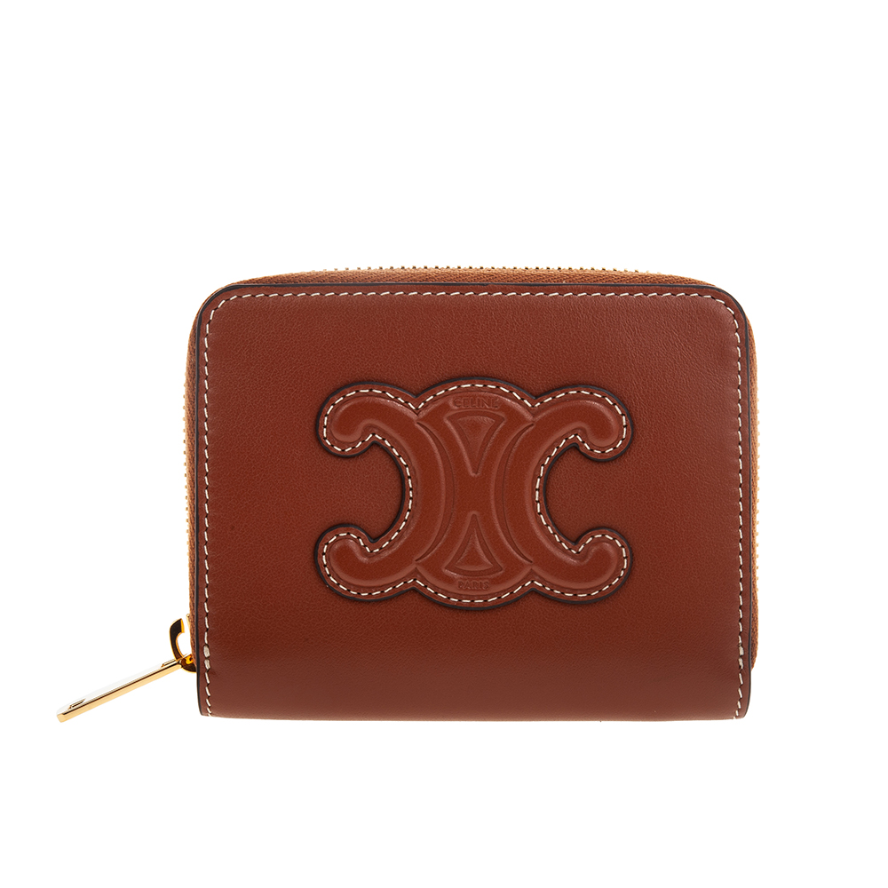 CELINE 新款光滑牛皮革CUIR TRIOMPHE COMPACT拉鍊錢包 (黃褐色)