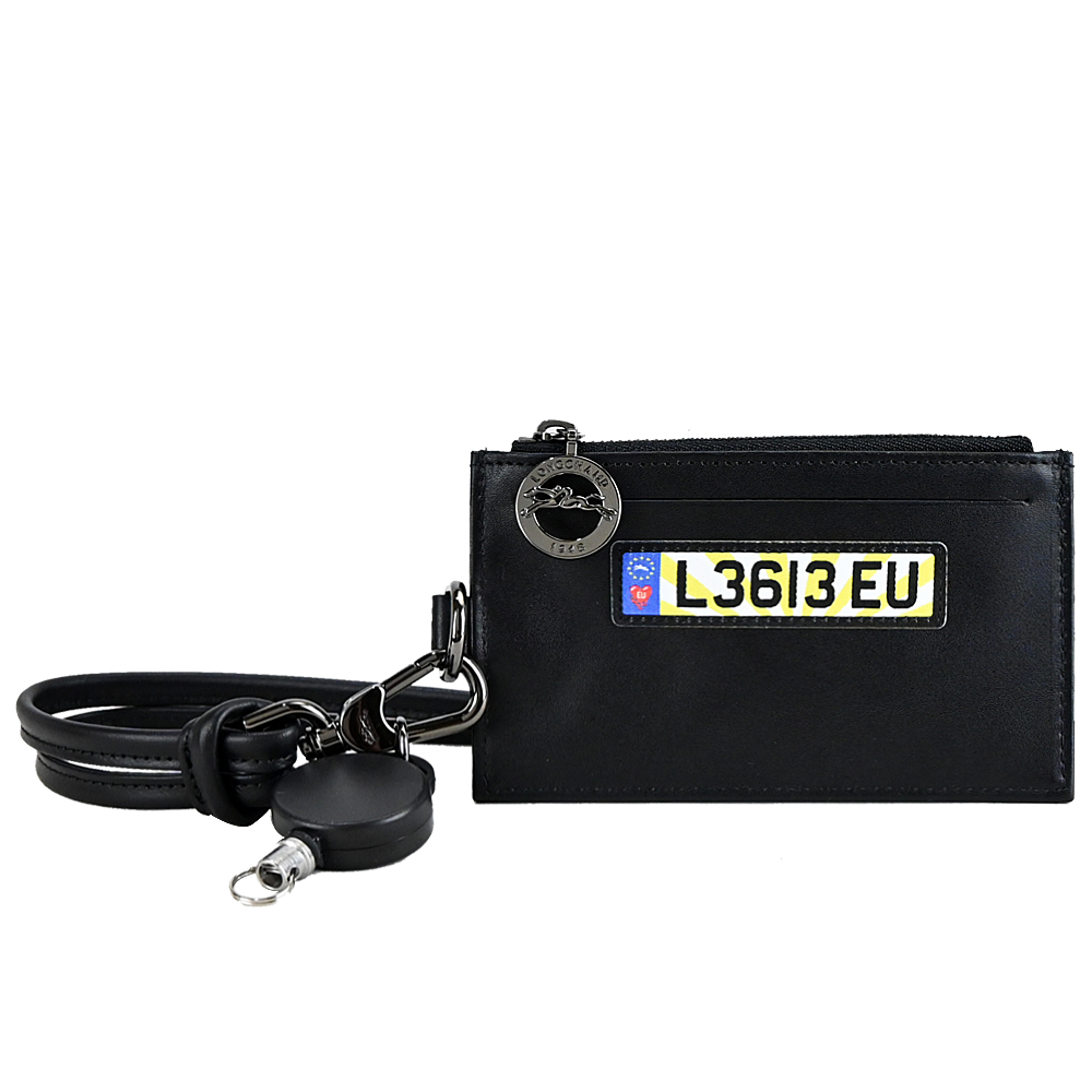 LONGCHAMP X EU王者聯名LE PLIAGE CUIR系列小羊皮頸掛式零錢包(黑)