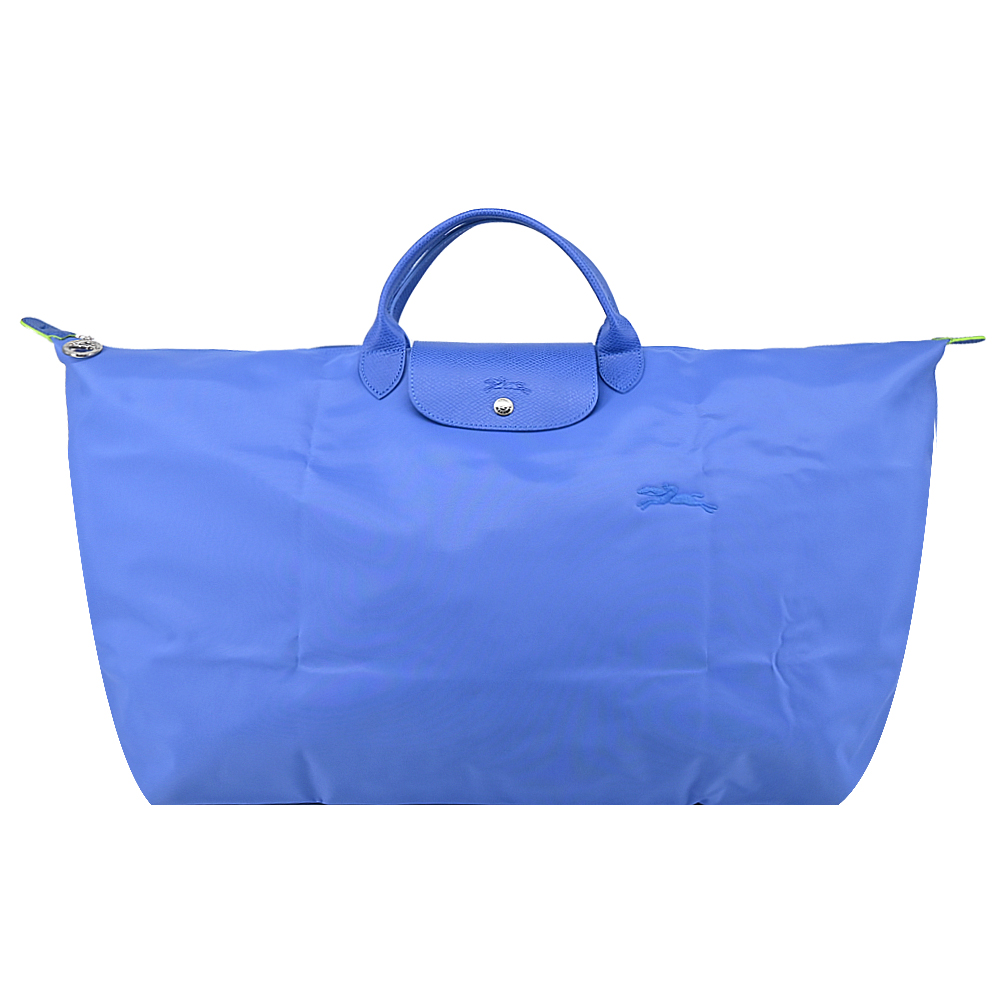 LONGCHAMP LE PLIAGE GREEN系列刺繡短把再生尼龍摺疊旅行袋(中/失車菊藍)