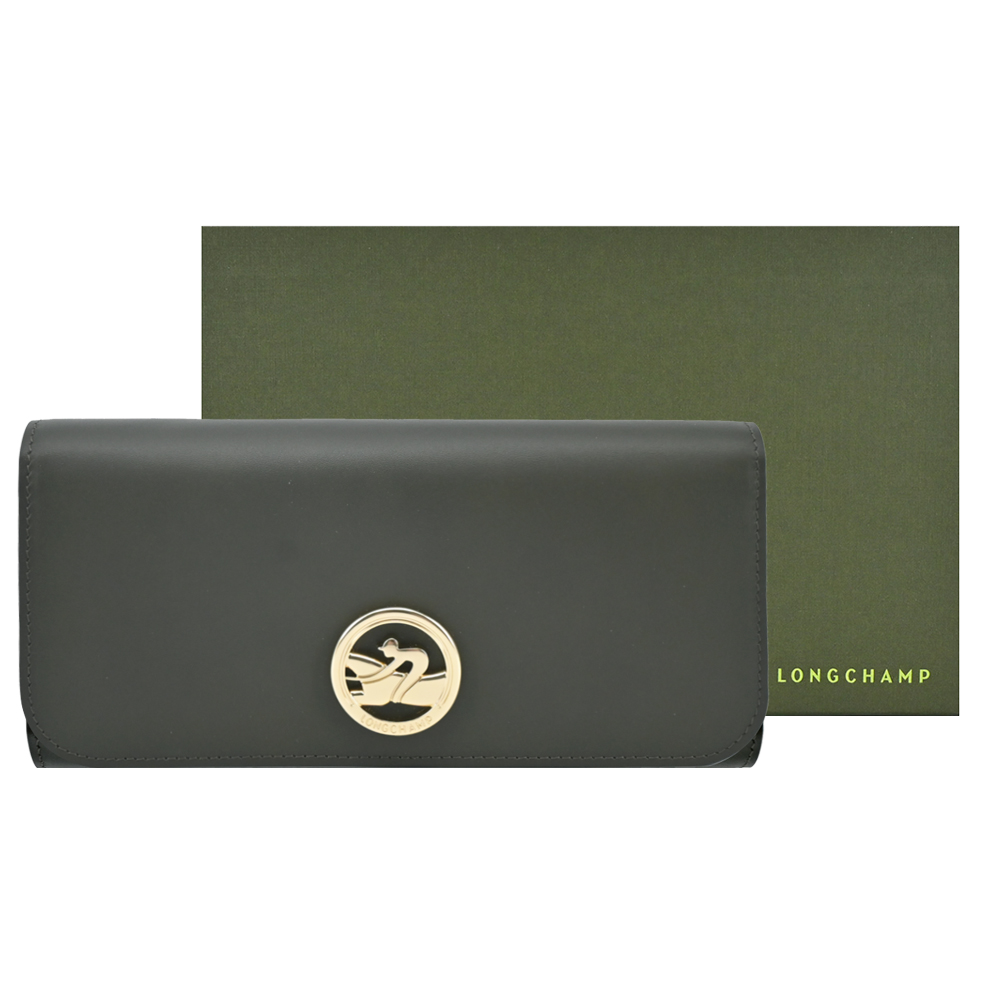 LONGCHAMP BOX-TROT系列小牛皮金屬LOGO翻蓋長夾(卡其綠)