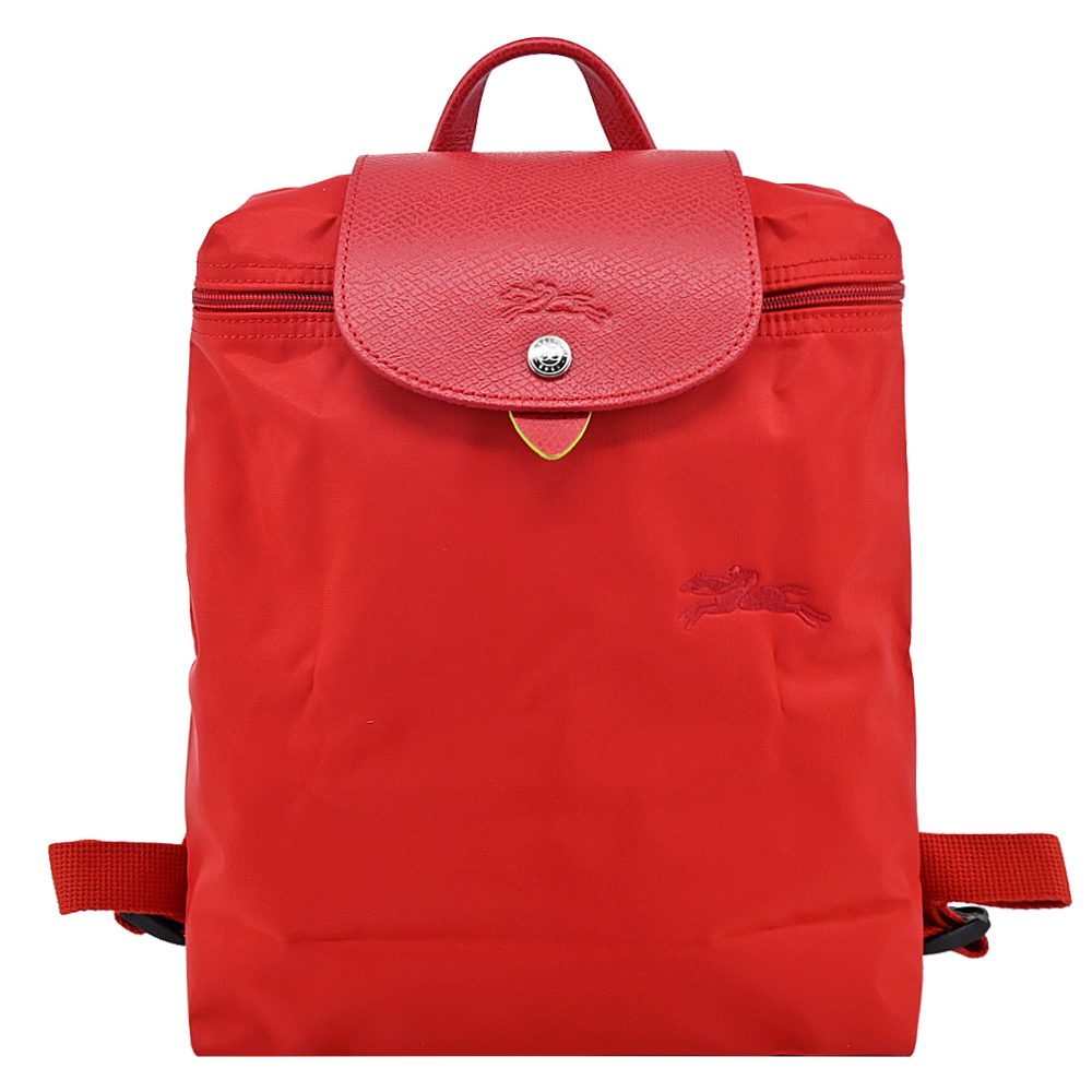 LONGCHAMP LE PLIAGE GREEN系列刺繡再生尼龍摺疊後揹包(中/番茄紅)