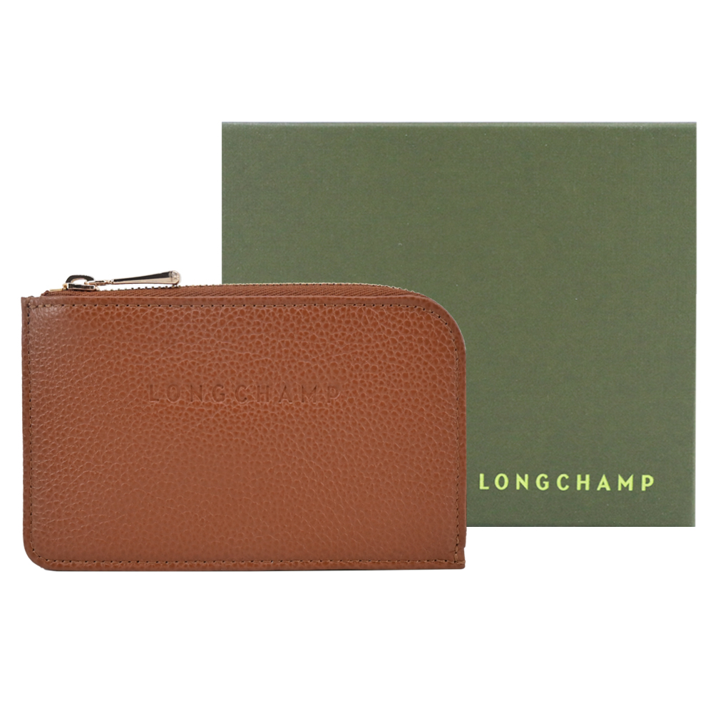 LONGCHAMP LE FOULONNÉ系列系列牛皮卡片零錢包(焦糖)