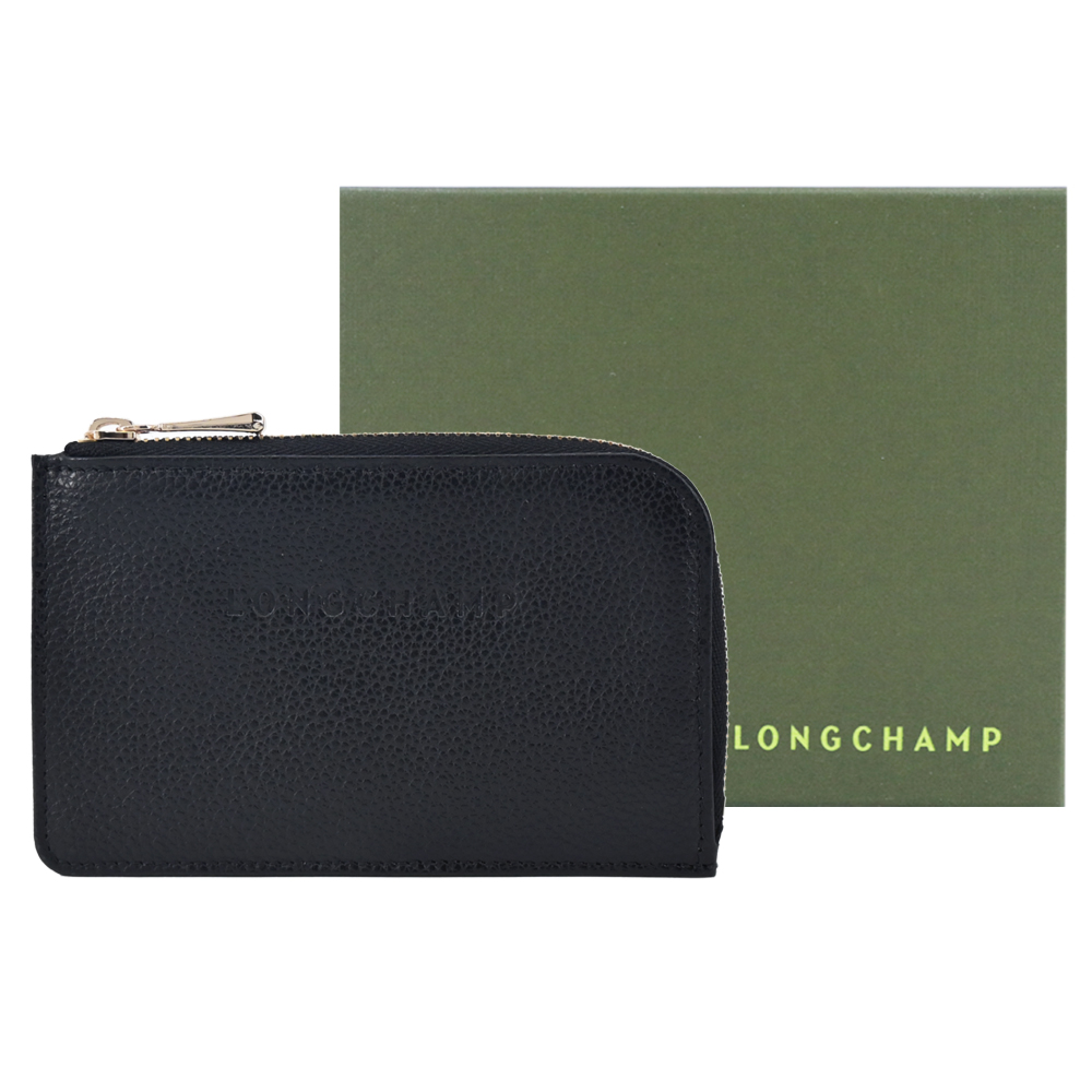 LONGCHAMP LE FOULONNÉ系列系列牛皮卡片零錢包(黑)