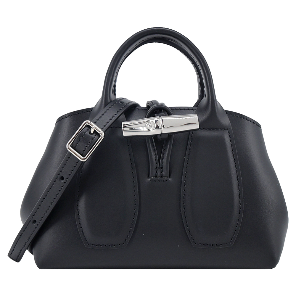 LONGCHAMP LE ROSEAU系列金屬竹節牛皮手提/斜背兩用包(迷你/黑)