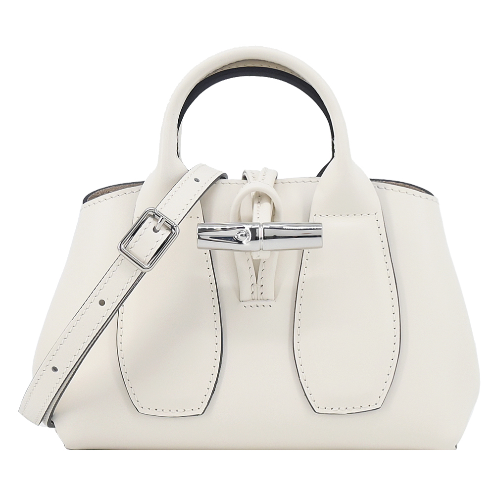 LONGCHAMP LE ROSEAU系列金屬竹節牛皮手提/斜背兩用包(迷你/白)