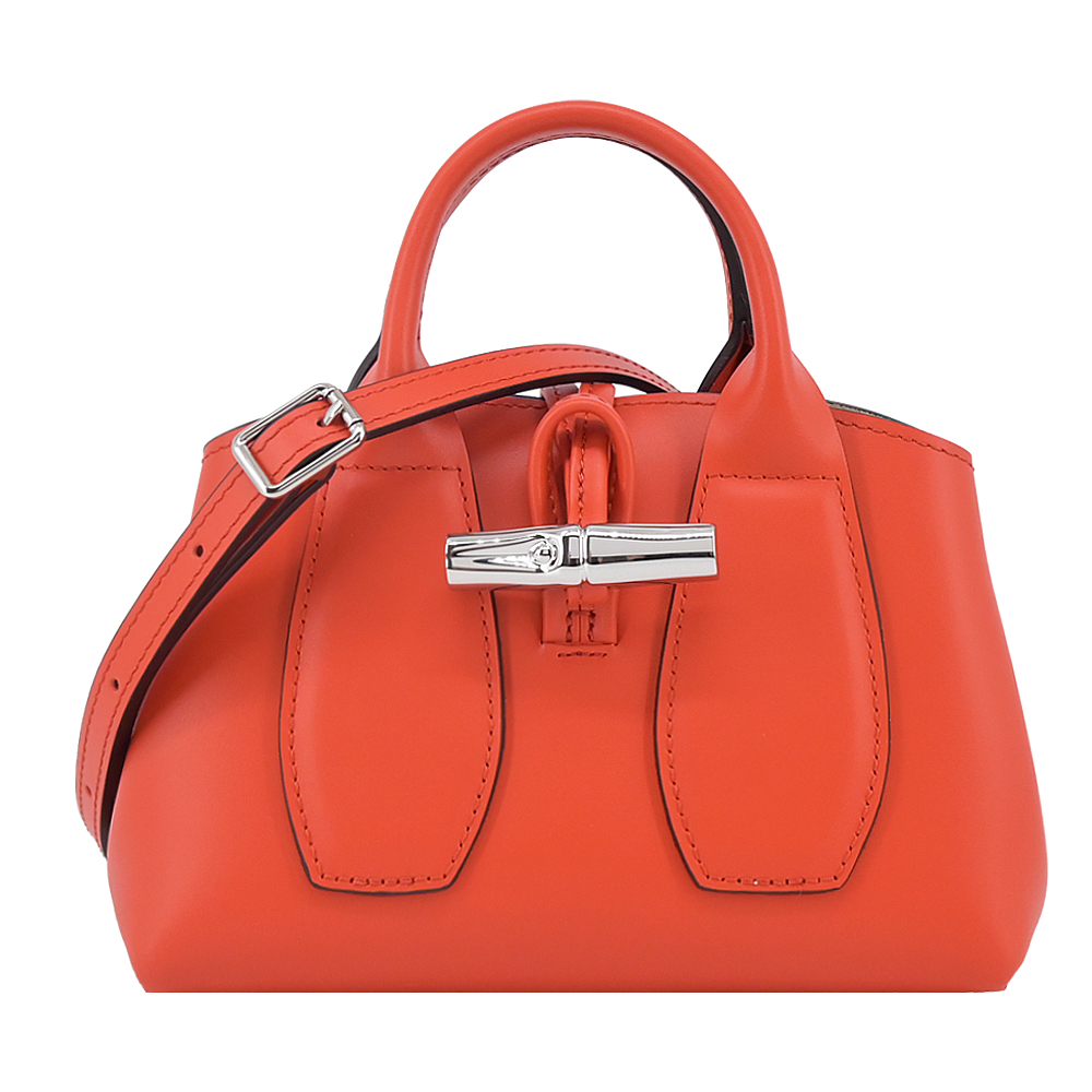 LONGCHAMP LE ROSEAU系列金屬竹節牛皮手提/斜背兩用包(迷你/紅椒)