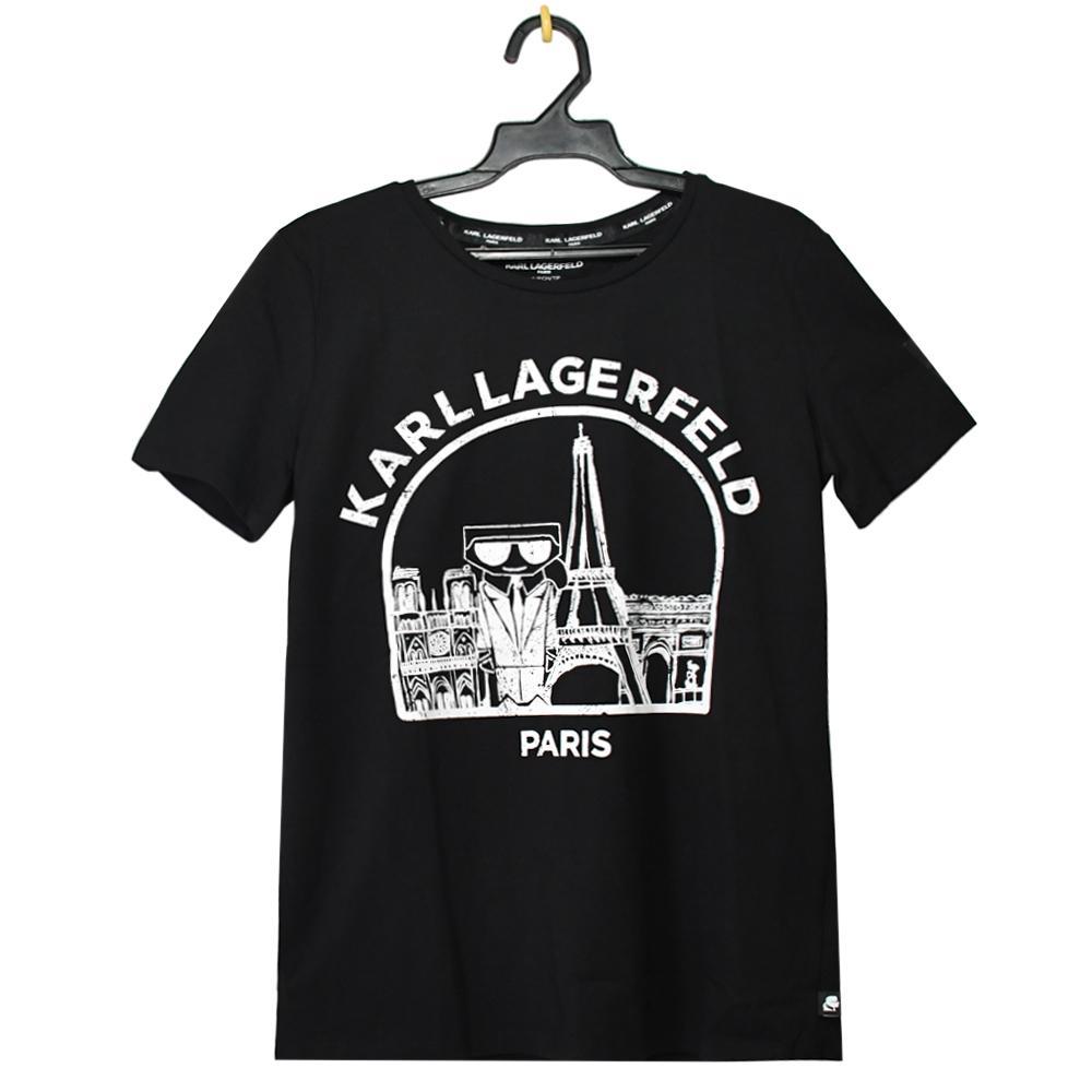 KARL LAGERFELD 卡爾 仿舊印花巴黎地標質短T恤.黑