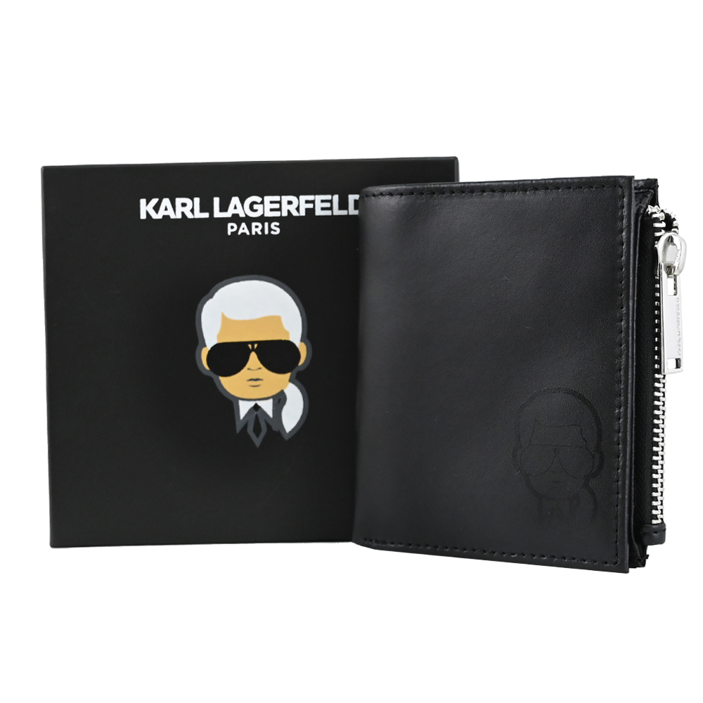 KARL LAGERFELD 卡爾 老佛爺印花扣式短夾禮盒組.黑