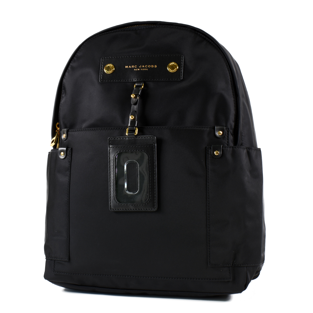MARC JACOBS 皮革燙金LOGO尼龍雙側置物拉鍊後揹包-黑色
