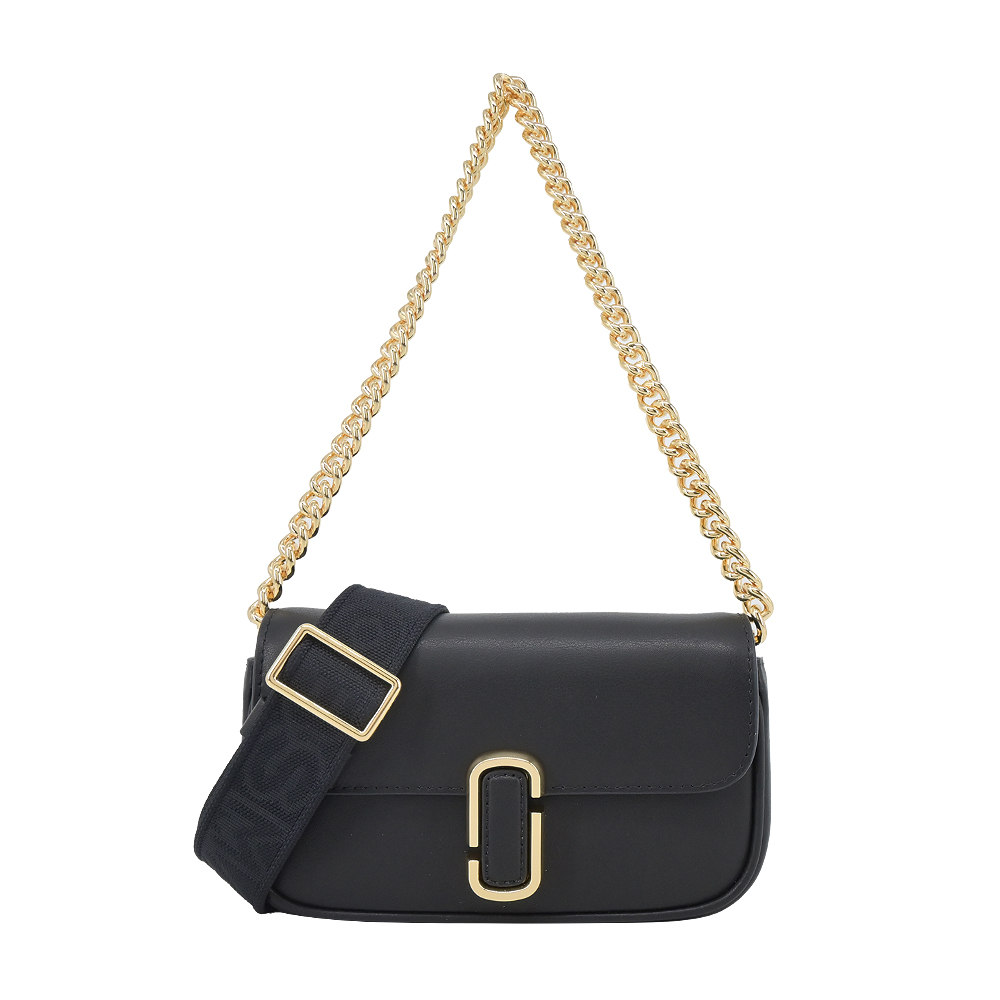 MARC JACOBS THE J MARC 光滑皮革翻蓋鏈帶斜背/肩揹包-迷你/黑