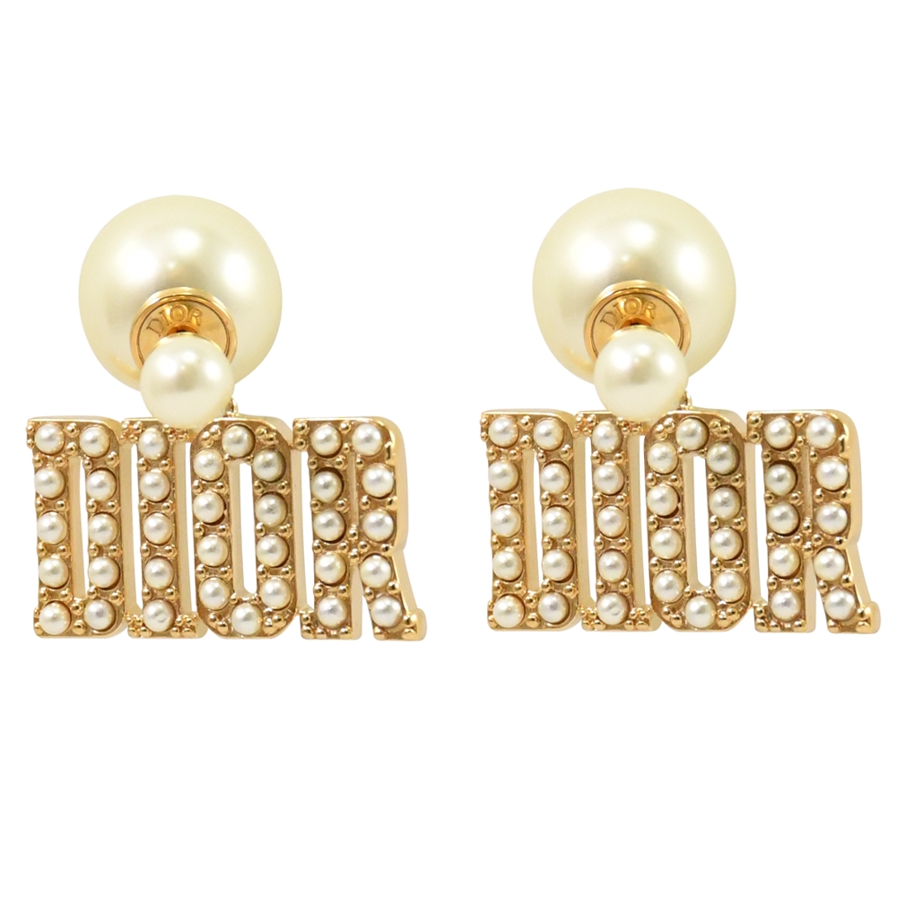 Christian Dior TRIBALES滿版珠飾LOGO吊墜針式耳環.金