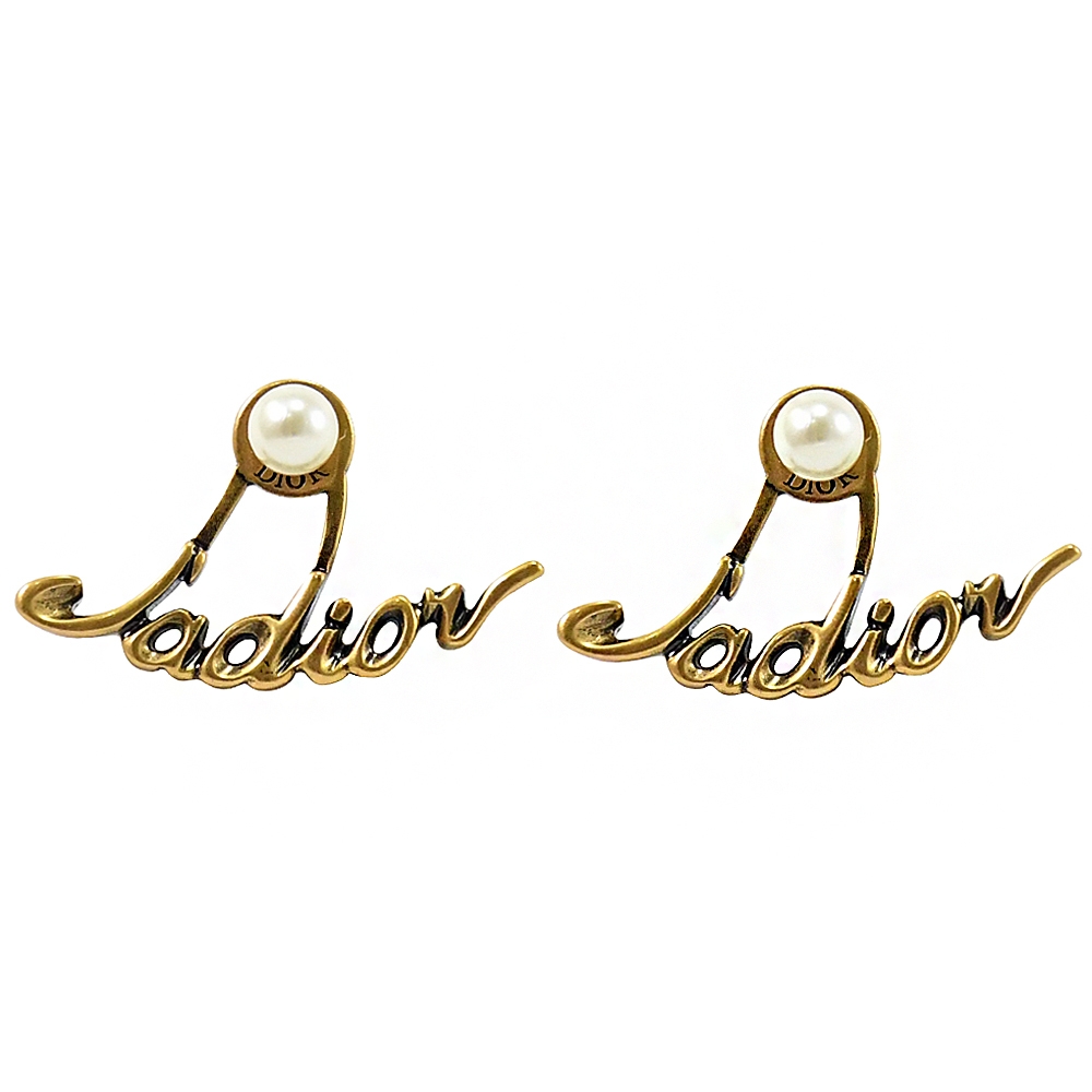 Christian Dior TRIBALES手寫LOGO造型珠珠針式耳環.金