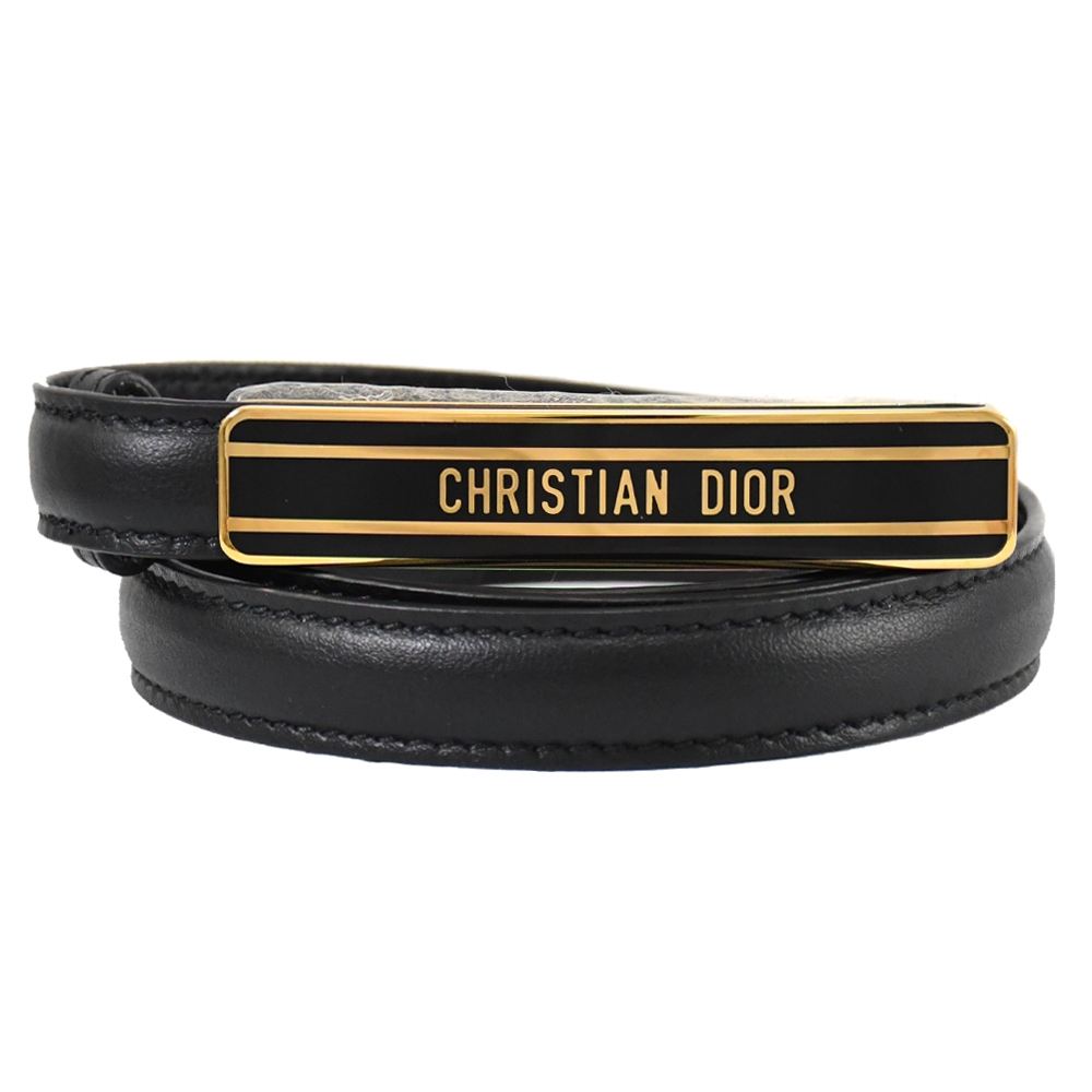 Christian Dior 黑色金屬LOGO釦飾超窄版穿釦皮帶.黑