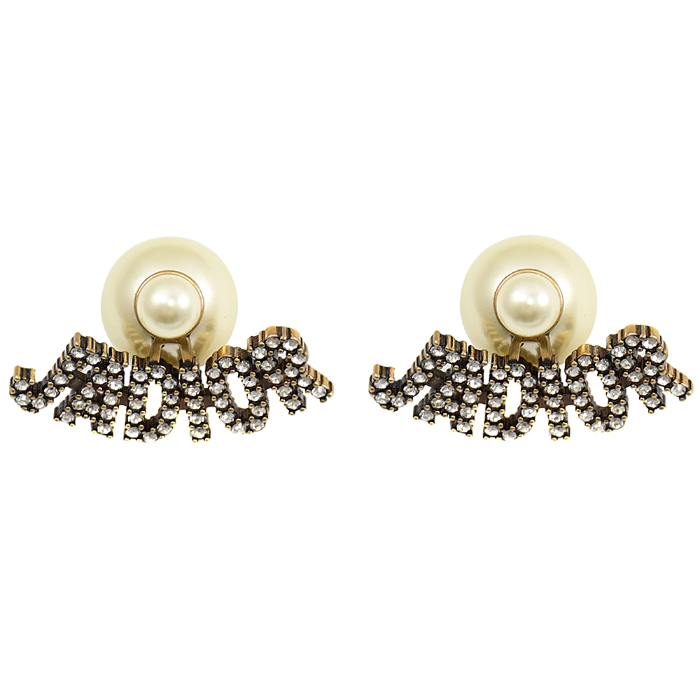 Christian Dior TRIBALES水鑽LOGO珠珠針式耳環.古銅金