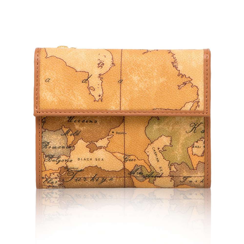 Alviero Martini 【 義大利地圖包】扣式6卡拉鍊零錢短夾-地圖黃