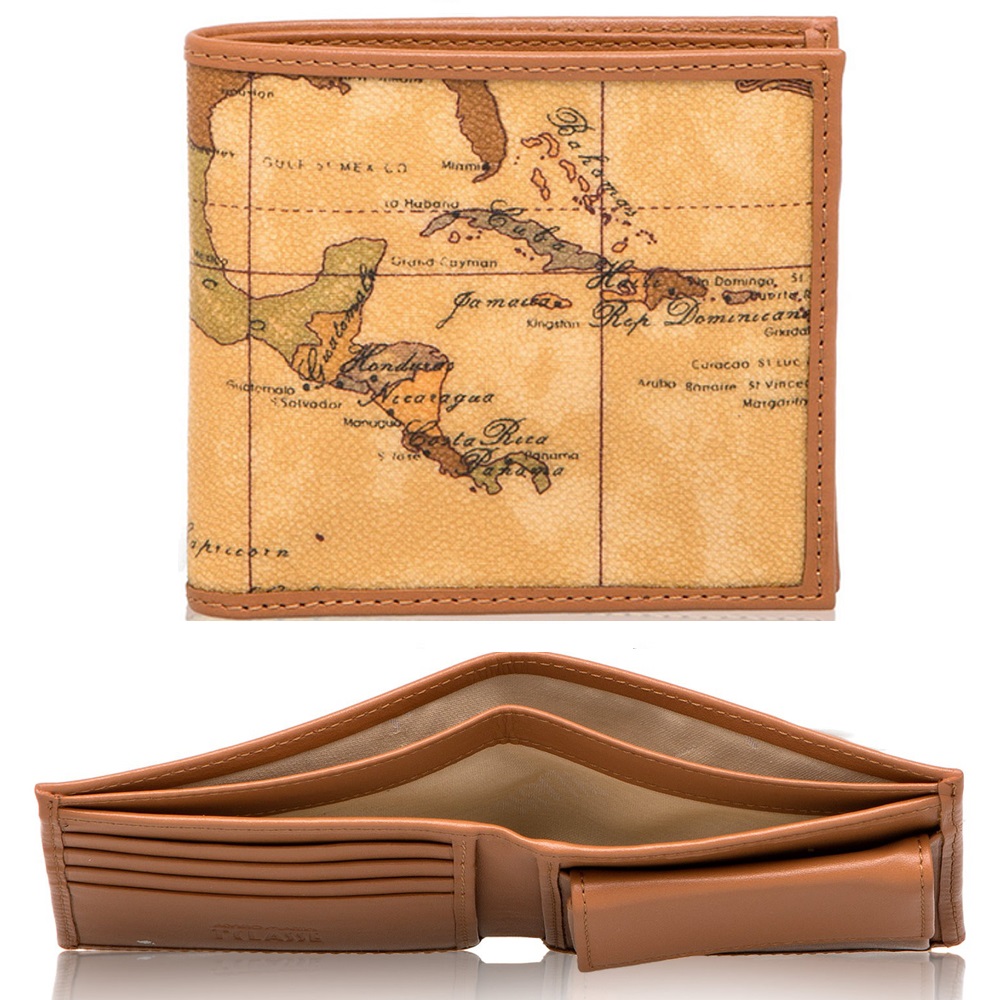 Alviero Martini 【 義大利地圖包】經典4卡零錢袋時尚短夾 皮夾11cm-地圖黃