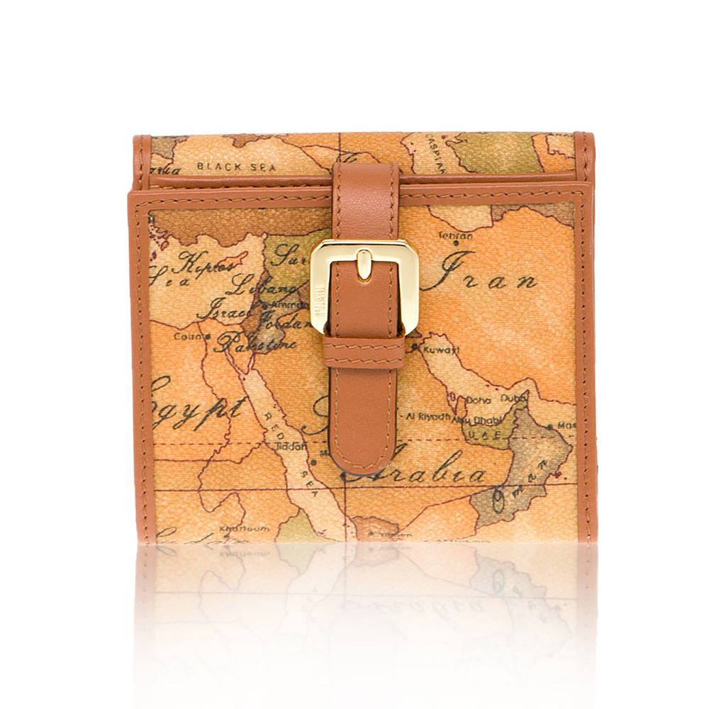 【Alviero Martini 義大利地圖包】扣式8卡零錢皮夾-地圖黃