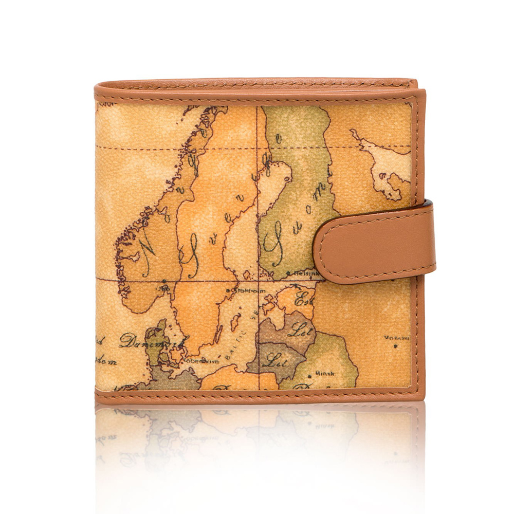 【Alviero Martini 義大利地圖包】經典5扣式卡時尚短夾-地圖黃