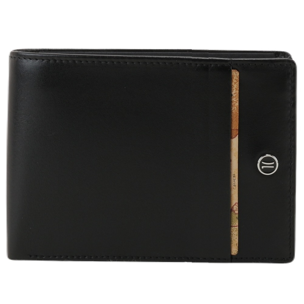 【Alviero Martini 義大利地圖包】旅行系列 男用小牛皮4卡+零錢袋LOGO短夾-黑色