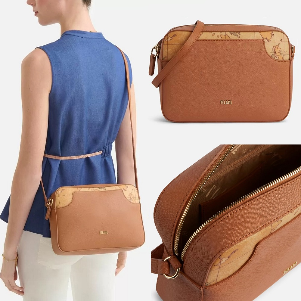 Alviero Martini 【 義大利地圖包】地圖元素 簡約素面側背包-咖啡色