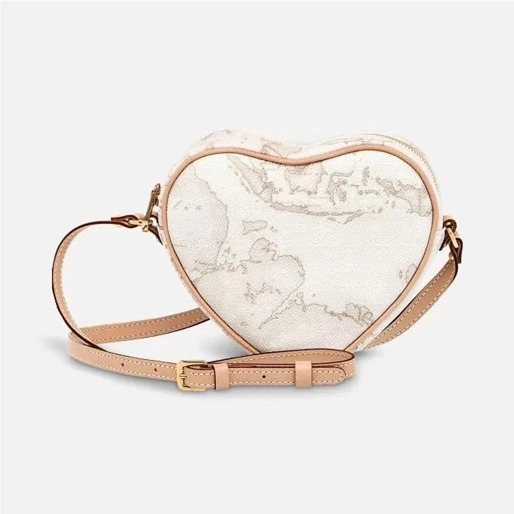 【Alviero Martini 義大利地圖包】拉鍊愛心斜側揹包18cm-地圖白