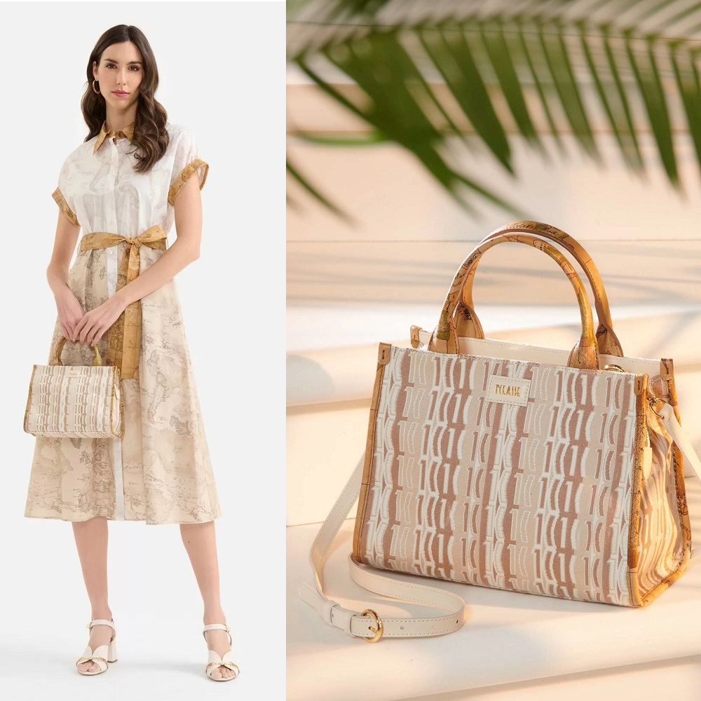 【Alviero Martini 義大利地圖包】LOGO布面手提側揹包26cm-杏色